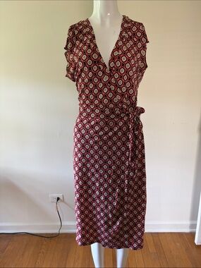Bisou Bisou Burgundy Geometric Wrap Midi Dress